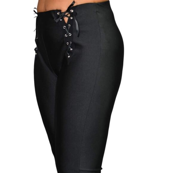 Dolls Kill Flare Pants Black Lace Up Shiny Stretch High Waist Grommet Size Small - Picture 14 of 16